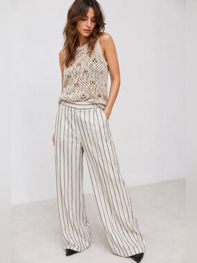 Zara Studio Linen Striped Wide Leg Wrap Trouser Pants Size XL NWT